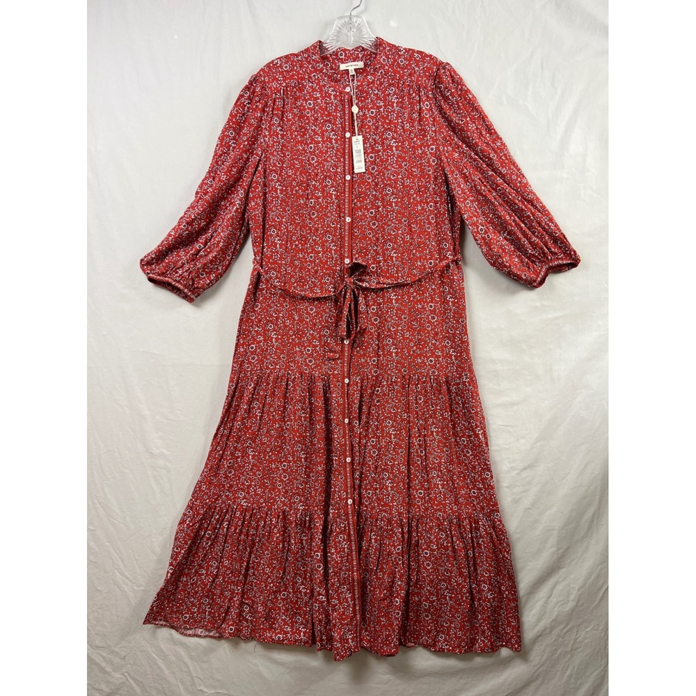 Max Studio Maxi Dress Womens Large Red Floral Tiered Button Front Boho NEW